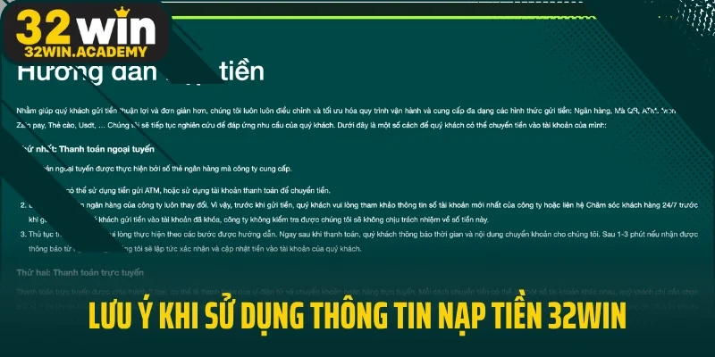 Lưu ý khi sử dụng thông tin nạp tiền 32WIN